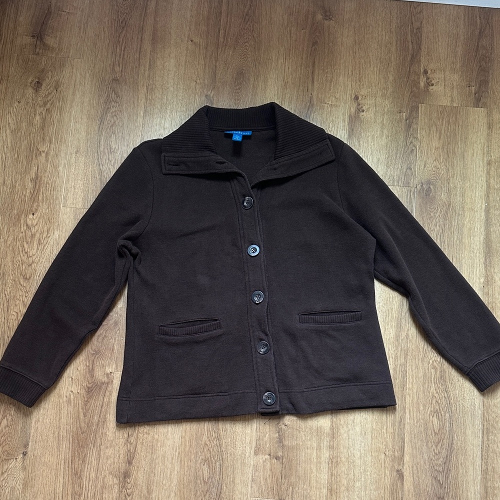 Karen Scott Dark‎ Brown Button-Up Funnel Neck Cardigan Sweatshirt